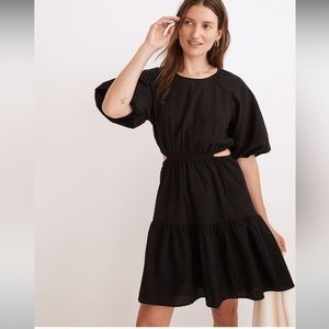 Madewell Seersucker Puff-Sleeve Cutout Mini Dress Size S Black NWT